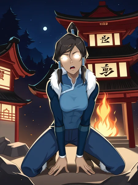 score_9, score_8_up, score_7_up, score_6_up, source_anime, expressiveh
1girl, solo, choker, korra, dark-skinned female, temple, east asian architecture, night, short ponytail, fire, rocks, open mouth, kneeling, expressionless, glowing eyes, korra outfit, blue pants, blue shirt, fur trim,boots small breasts, hanging breasts, <lora:Expressive_H:0.2> <lora:avatar state:0.4> breath_weapon:1.5, energy_beam:1.9, breath from mouth <lora:breath_weapon:0.8>