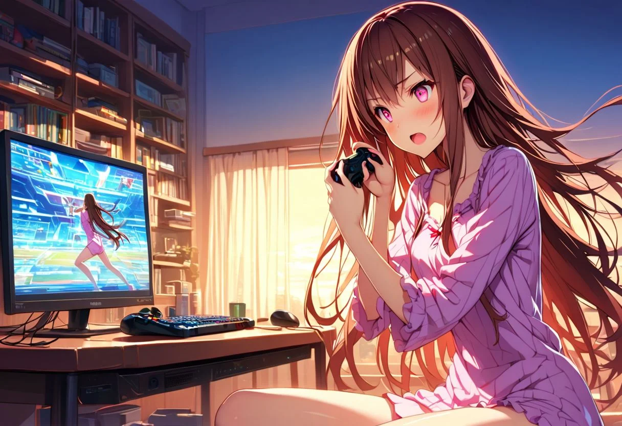 High detailed, ultra detailed, masterpiece, 1girl, gamer, long hair, brown hair, pink eyes, nightwear, early morning, playing on the PC, dawning, staring at the TV, fighting game, holding video game controller, energetic, excited, perfecteyes, easynegative