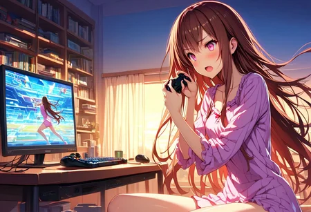 High detailed, ultra detailed, masterpiece, 1girl, gamer, long hair, brown hair, pink eyes, nightwear, early morning, playing on the PC, dawning, staring at the TV, fighting game, holding video game controller, energetic, excited, perfecteyes, easynegative