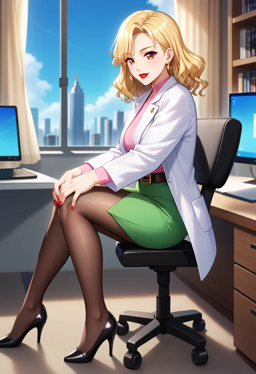 score_9, score_8_up, score_7_up, BREAK mako, 1girl, green skirt, brown pantyhose, window, blonde hair, red nails, desk lamp, earrings, indoors, sitting, office chair, lab coat, swivel chair, brown eyes, looking at viewer, pencil skirt, pink shirt, smile, hands on own knees, day, curtains, see-through legwear, lipstick, high heels, black footwear, full body, city, monitor, blue sky, long hair, cityscape, long sleeves, skyscraper, belt, computer, shoes, from side, pumps, building, book, cloud, wavy hair,mature female,<lora:Mako-000002:1>