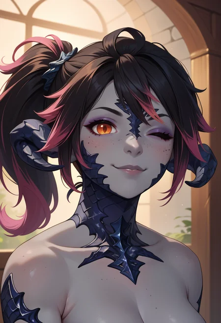 score_9, score_8_up, score_7_up BREAK <lora:KyarineCathPDXL_V1-Manityro-CAME:0.8> Kyarine, colored skin, grey skin, grey lips, orange eyes, freckles, dragon girl, dragon horns, black scales, black hair, pink dyed hair, side ponytail, wink, dragon tail