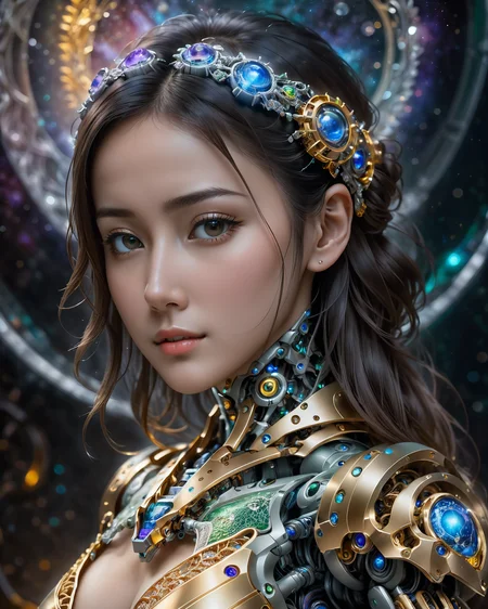 an award winning photograph of a beautiful woman, halo, intricate cyberpunk robot, highly detailed, soft bokeh Deep space nebula background, art by mooncryptowow and popular science   <lora:WowifierXL-V2:0.8>