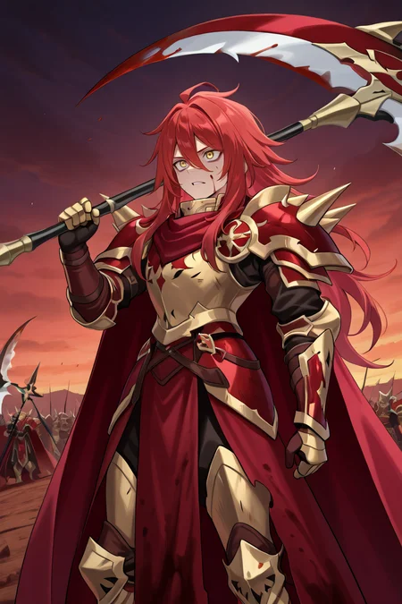<lora:GulcasaIL:0.8> , guldef, (1boy), red hair, long hair, hair between eyes, yellow eyes, armor, spikes, shoulder armor, shoulder spikes, cape, red cape, pauldrons, gauntlets, greaves, battlefield, noon, bloody, blood-stained armor, holding scythe, scythe, imposing, ominous, cowboy shot, solo, masterpiece, very aesthetic, absurdres, best quality, amazing quality, high resolution, detailed background, <lora:illustrious_quality_modifiers_masterpieces_v1:0.8> , <lora:ChamIllustriousBackgroundEnhancer:0.5>