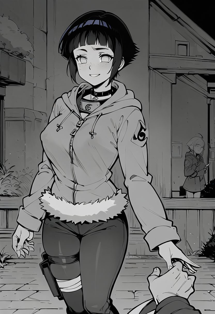 score_9, score_8_up, score_7_up, source_anime, teardrop breasts, breasts out, puffy nipples, choker, narrow waist, Freckles, choker, smile, (horns,:0.1), Expressiveh, flat color,, lineart, monochrome, greyscale,, short hair, dark blue hair, shiny hair, blunt bangs, grey eyes, no pupils, konohagakure symbol, forehead protector, hoodie, long sleeves, fur trim, capri pants, bandages, thigh holster, toeless footwear, zipper