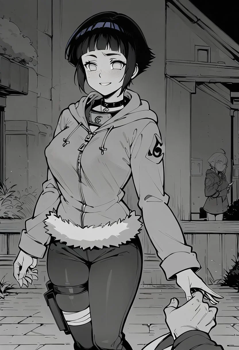 score_9, score_8_up, score_7_up, source_anime, teardrop breasts, breasts out, puffy nipples, choker, narrow waist, Freckles, choker, smile, (horns,:0.1), Expressiveh, flat color,, lineart, monochrome, greyscale,, short hair, dark blue hair, shiny hair, blunt bangs, grey eyes, no pupils, konohagakure symbol, forehead protector, hoodie, long sleeves, fur trim, capri pants, bandages, thigh holster, toeless footwear, zipper