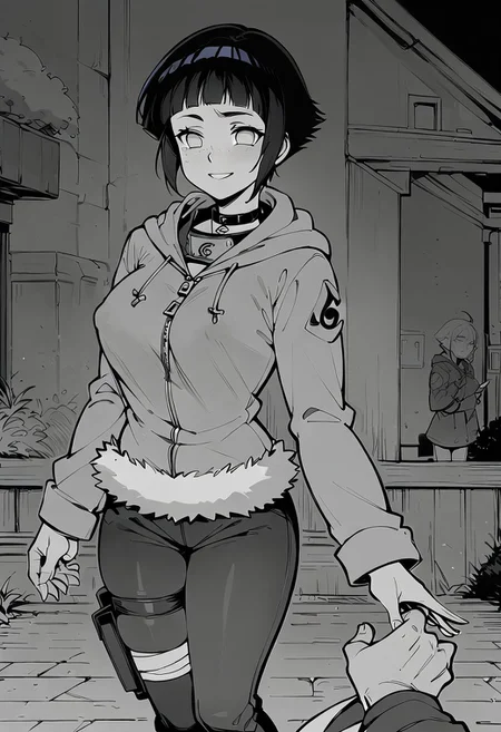 score_9, score_8_up, score_7_up, source_anime, teardrop breasts, breasts out, puffy nipples, choker, narrow waist, Freckles, choker, smile, (horns,:0.1), Expressiveh, flat color,, lineart, monochrome, greyscale,, short hair, dark blue hair, shiny hair, blunt bangs, grey eyes, no pupils, konohagakure symbol, forehead protector, hoodie, long sleeves, fur trim, capri pants, bandages, thigh holster, toeless footwear, zipper