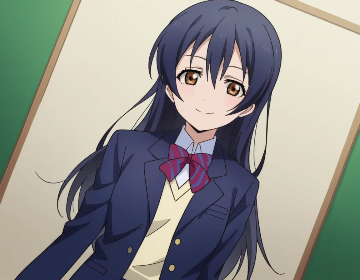 score_9, score_8_up, score_7_up, source_anime, <lora:umi-sonoda-s1-ponyxl-lora-nochekaiser:1>, umi sonoda, long hair, bangs, hair between eyes, brown eyes, blue hair,, skirt, school uniform, jacket, blazer, winter uniform, otonokizaka school uniform,, indoors, smile, looking at viewer, solo,, cowboy shot, dutch angle