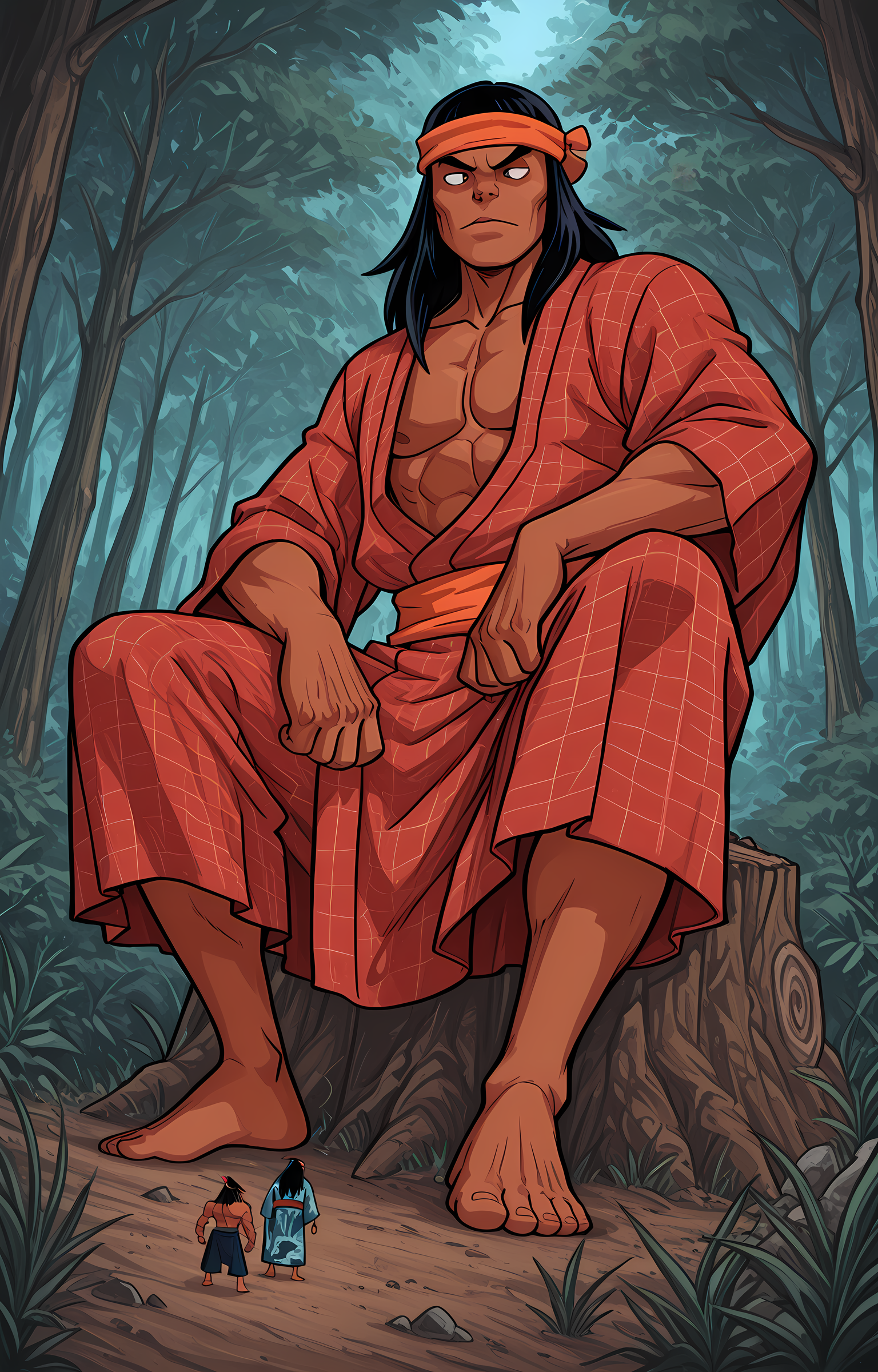 masterpiece, best quality, amazing quality, dutch angle, macro, sitting on forest, tiny trees, tiny mountains, BREAK
1boy, solo, male focus, muscular male, sf_apachechief, dark skin, black hair, long hair, headband, yukata, japanese clothing, clothed, BREAK
<lora:Apache Chief - Superfriends - ILXL:1>, <lora:Arwes_Dynamism_Style-000008:1> arwe, dynamism <lora:h4ruk4m1XLP:0.8> h4ruk4m1 <lora:H3wl3ttXLP:0.8> h3wl3tt