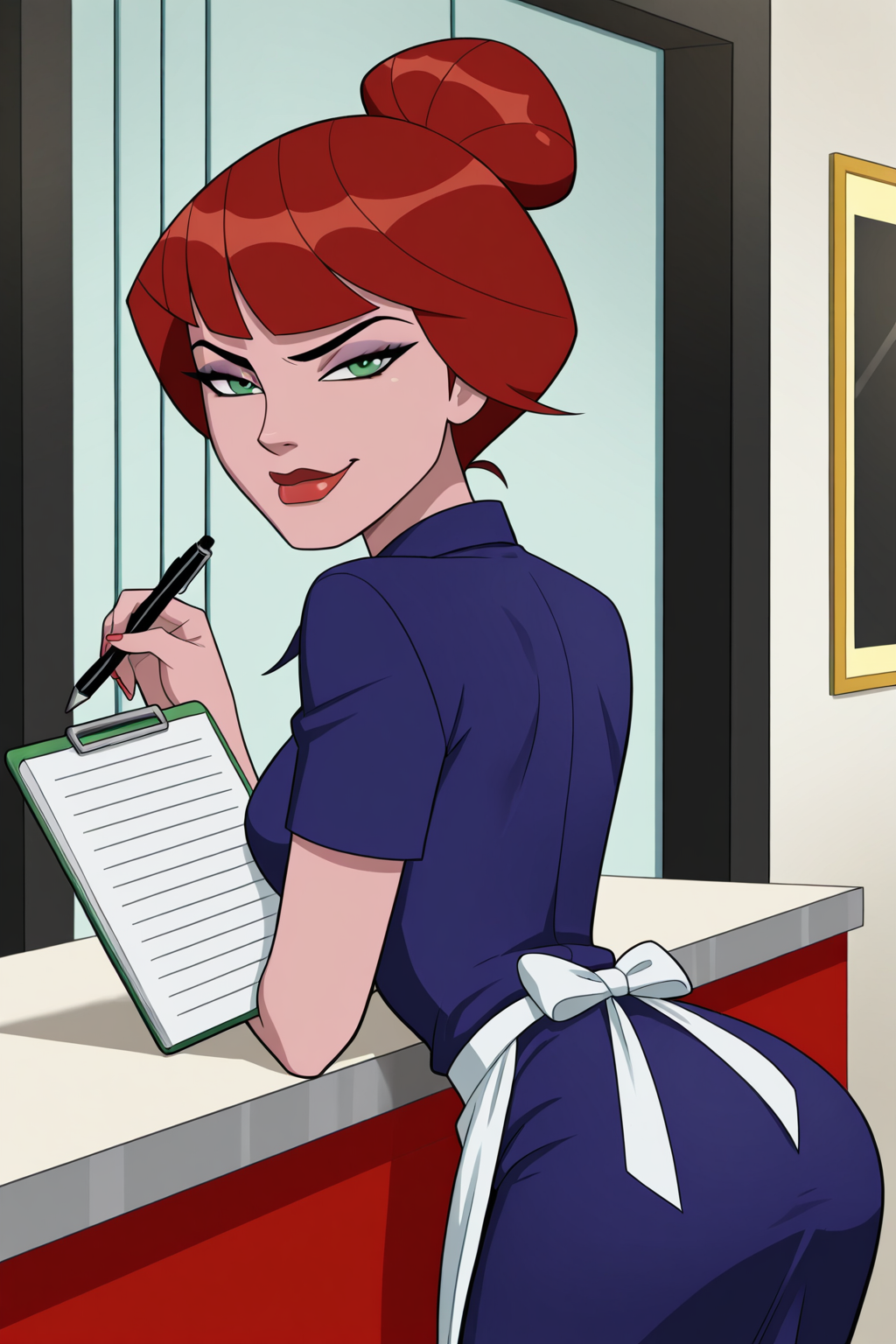 (((parody)), perfect anatomy, perfect eyes, cowboy shot, from behind) BREAK  <lora:BlackWidowIL:1> natasha romanoff, bangs, red hair, green eyes, makeup, lipstick, red lips, sultry eyes, naughty face, half-closed eyes, smug smirk, ((looking back at viewer)) hair bun, single hair bun, dress, blue dress, apron, skirt, working at diner, holding pen, holding notepad, arched back, teasing viewer, indoors