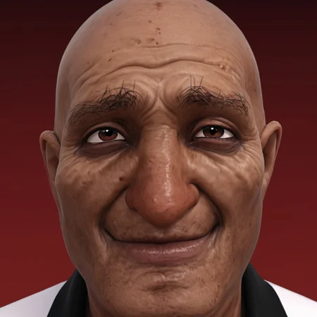 solo, 1 boy, Hunter, bald, brown eyes, bald, happy face, grinning, face focus, close up of face, ugly, old. red background.