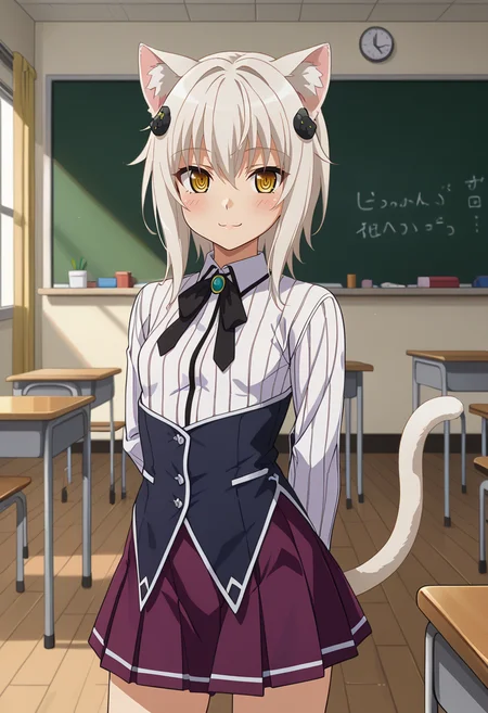 score_9,
<lora:HighSchoolDxD(HERO)_ToujoKonekoXL:0.8>, ToujoKoneko,
1girl, solo, light smile, light blush,
white hair, yellow eyes, short hair, hair ornament, cat ears, cat tail,
KonekoSchool, striped shirt, white shirt, long sleeves, black ribbon, black corset, purple skirt,
standing, looking at viewer, arms behind back,
indoors, classroom