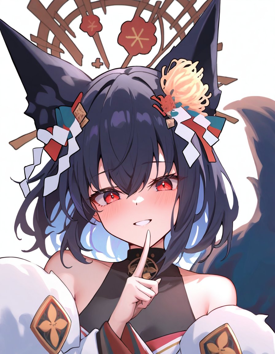 masterpiece,best quality,newest,absurdres,highres,safe,ag-hokutou,fox ears,hair ornament,black hair,red eyes,medium hair,fox tail,<lora:sp-hokutou(noobxl)-000009:1>,