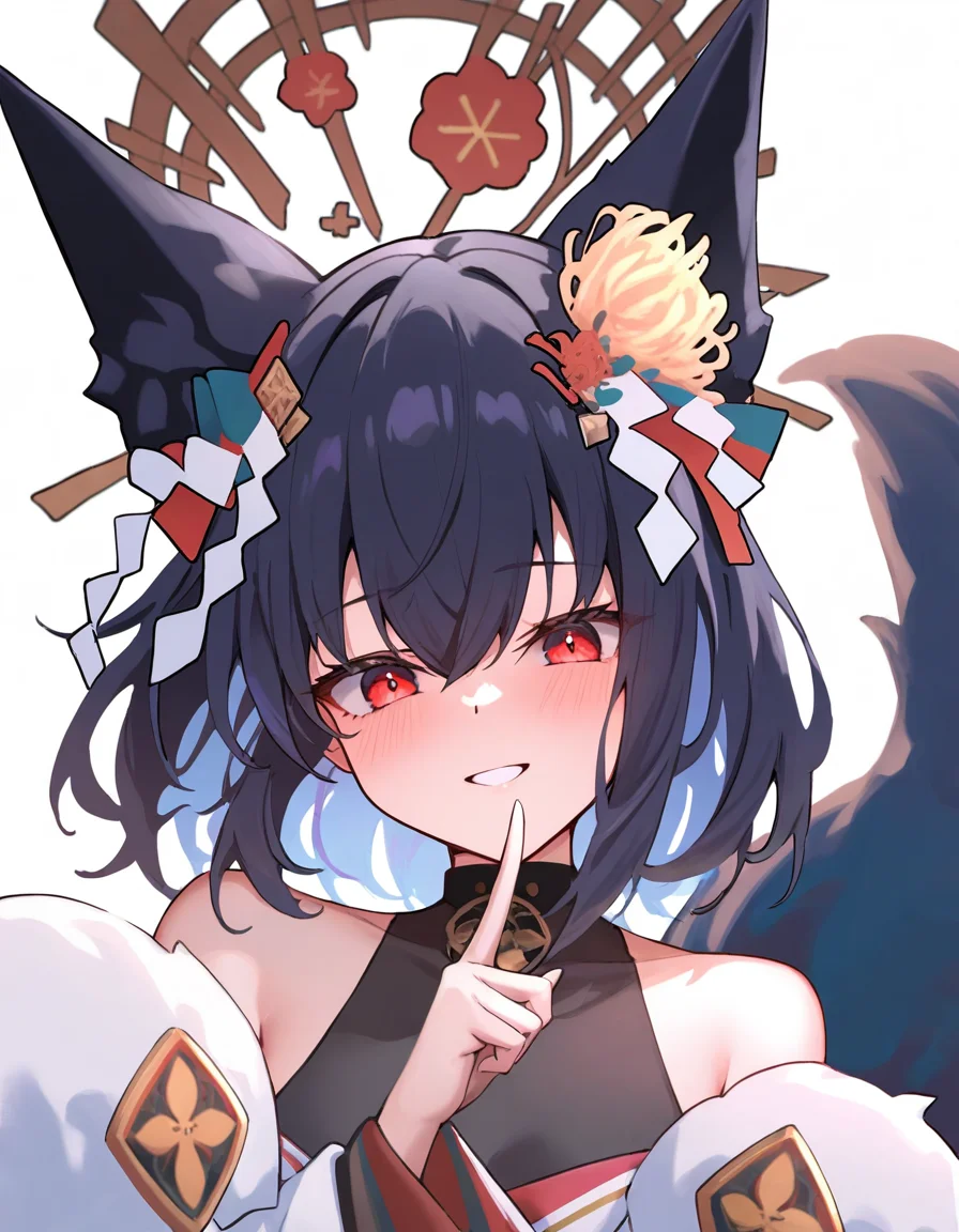 masterpiece,best quality,newest,absurdres,highres,safe,ag-hokutou,fox ears,hair ornament,black hair,red eyes,medium hair,fox tail,<lora:sp-hokutou(noobxl)-000009:1>,