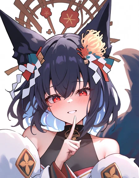 masterpiece,best quality,newest,absurdres,highres,safe,ag-hokutou,fox ears,hair ornament,black hair,red eyes,medium hair,fox tail,<lora:sp-hokutou(noobxl)-000009:1>,