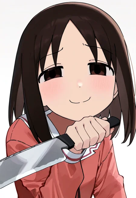 1girl, kasuga ayumu, azumanga daioh, holding large knife, smug, shadowed eyes
school uniform, looking at viewer,, masterpiece,best_quality,SimplePositiveXLv2, newest, masterpiece, best quality, absurdres, highres, highly detailed, very aesthetic, <lora:add-detail-xl:2>,