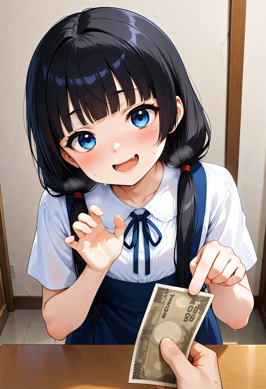 masterpiece, best quality, high quality, highres, absurdres, insanely detailed, amazing quality, very aesthetic, newest, Anime screencap, zPDXL3, sfw
<lora:Hyper-SDXL-8steps-lora:1> <lora:StS-Illustrious-Detail-Slider-v1.0:3>
1girl, black hair, bangs, Straight bangs, blunt bangs, hime cut, long hair, straight hair, low twintails, long pigtails, hair tie,
dress, blue dress, white blouse, neck ribbon, bule ribbon, suspenders
<lora:refusing pose_illustrious_V1.0:1> refusing pose,hands up,palm
<lora:holding-money-pov-ponyxl-lora-nochekaiser:1> holding money pov, holding money, pov, banknote, holding,
wide-eyed, :d, smirk, blush, perspired, heavy breathing, sweat, foreshortening, head tilt, bent over, leaning forward,