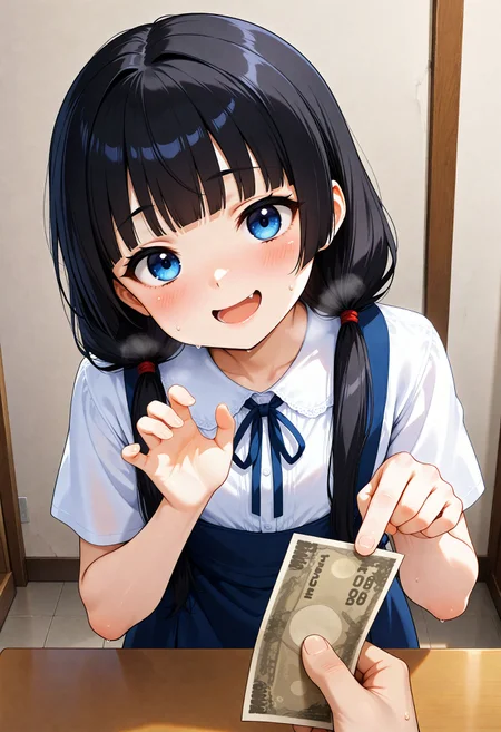 masterpiece, best quality, high quality, highres, absurdres, insanely detailed, amazing quality, very aesthetic, newest, Anime screencap, zPDXL3, sfw
<lora:Hyper-SDXL-8steps-lora:1> <lora:StS-Illustrious-Detail-Slider-v1.0:3>
1girl, black hair, bangs, Straight bangs, blunt bangs, hime cut, long hair, straight hair, low twintails, long pigtails, hair tie,
dress, blue dress, white blouse, neck ribbon, bule ribbon, suspenders
<lora:refusing pose_illustrious_V1.0:1> refusing pose,hands up,palm
<lora:holding-money-pov-ponyxl-lora-nochekaiser:1> holding money pov, holding money, pov, banknote, holding,
wide-eyed, :d, smirk, blush, perspired, heavy breathing, sweat, foreshortening, head tilt, bent over, leaning forward,