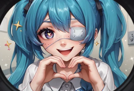 score_9,score_8_up,score_7_up,score_6_up,score_5_up,score_4_up,source_anime,<lora:POV_peephole_concept_ponyXL:1>,pov_peephole,<lora:lora_eyes_V2_ponyxl:0.7>,perfect eyes,1girl,blue hair,eyepatch,freckles,heart,heart hands,long hair,looking at viewer,medical eyepatch,open mouth,smile,solo,sparkle,twintails,very long hair,