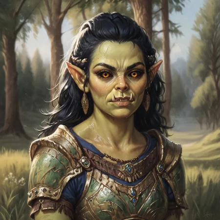 (((beautiful, high quality))), upper Body, score_9, score_8_up, score_7_up, valeria, Orc, fangs, pointed ears, black sclera, 1girl, green skin, amber eyes, amber eyes, fur trim, fur armor, looking at the viewer, dynamic pose, blurred background, in the style of jeff-easley, oil painting, realistic, black hair, short sleeves, serious look,