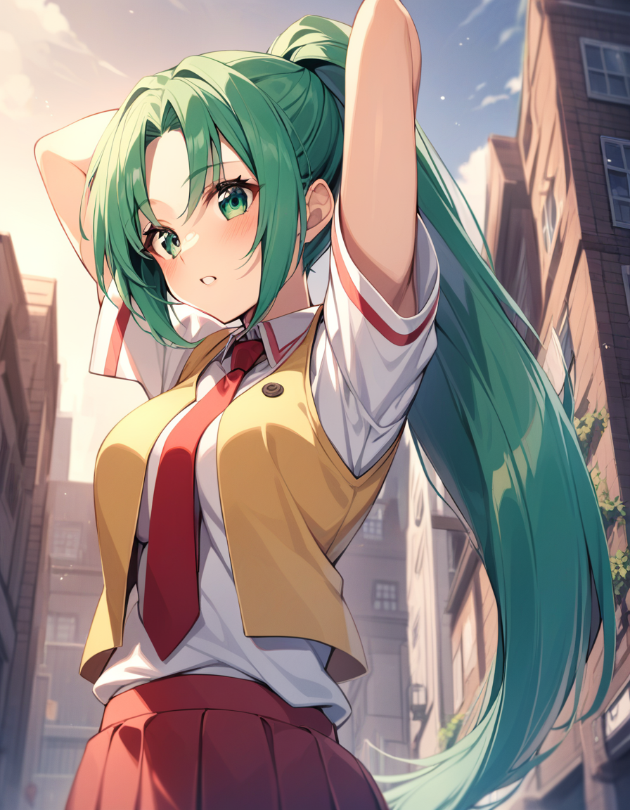 late,  1girl,   Mion Sonozaki, green hair, green eyes, ponytail, white shirt, red necktie, yellow vest, red skirt,  <lora:lora-000009:1>,  from below, arms above head, city landscape