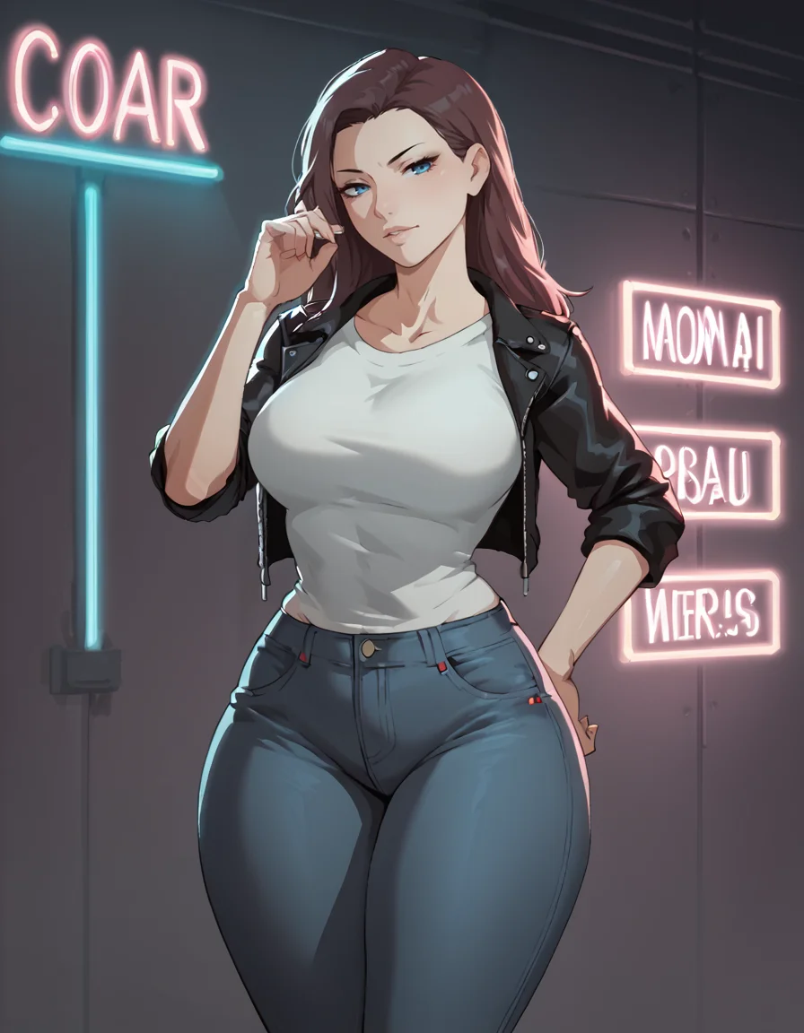score_9, score_8_up, score_7_up, score_6_up, BREAK
long hair, dark blue eyes, with a playful look, powerful, seductive pose, jeans, t-shirt and a leather jacket with rolled sleeves, neon lights, dystopia, science fiction, wide hips, thick thighs, curvy, <lora:PulenKompot-Sora_Buranku_Style_PonyXL:0.8> sora-buranku
