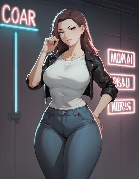 score_9, score_8_up, score_7_up, score_6_up, BREAK
long hair, dark blue eyes, with a playful look, powerful, seductive pose, jeans, t-shirt and a leather jacket with rolled sleeves, neon lights, dystopia, science fiction, wide hips, thick thighs, curvy, <lora:PulenKompot-Sora_Buranku_Style_PonyXL:0.8> sora-buranku