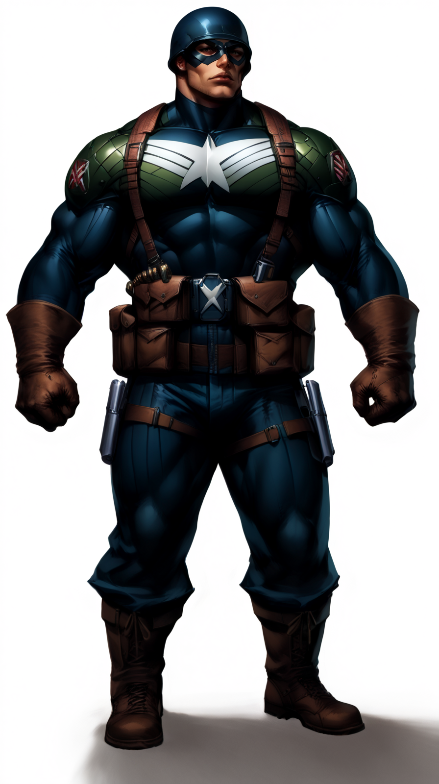 score_9, score_8_up, score_7_up, a man with a strong jaw in a tactical navy blue (muscled superhero costume with green armored highlights:1.2), (m1 helmet:1.4), (superhero domino mask:1.2), leather gloves, laced combat boots, bullet bandolier across his chest, gunslinger belt, huge biceps, (white background:1.2), character design, concept art, detailed face, high Detail, Sharp focus, dramatic, (full body shot:1.2), (solo:1.2), <lora:ArtgermLycoXL:0.5> <lora:c0rb3nXLP:0.5> c0rb3n <lora:detailed_hands:1> hands, <lora:ComicsPonyXL_V2:0.7> Comistyle  <lora:WW2_Superhero_Costume:1>