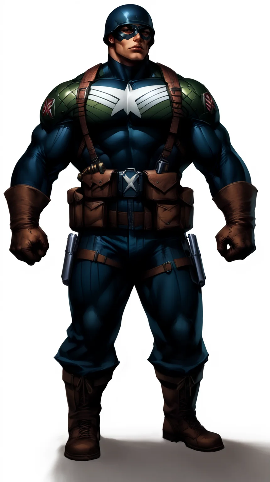 score_9, score_8_up, score_7_up, a man with a strong jaw in a tactical navy blue (muscled superhero costume with green armored highlights:1.2), (m1 helmet:1.4), (superhero domino mask:1.2), leather gloves, laced combat boots, bullet bandolier across his chest, gunslinger belt, huge biceps, (white background:1.2), character design, concept art, detailed face, high Detail, Sharp focus, dramatic, (full body shot:1.2), (solo:1.2), <lora:ArtgermLycoXL:0.5> <lora:c0rb3nXLP:0.5> c0rb3n <lora:detailed_hands:1> hands, <lora:ComicsPonyXL_V2:0.7> Comistyle  <lora:WW2_Superhero_Costume:1>