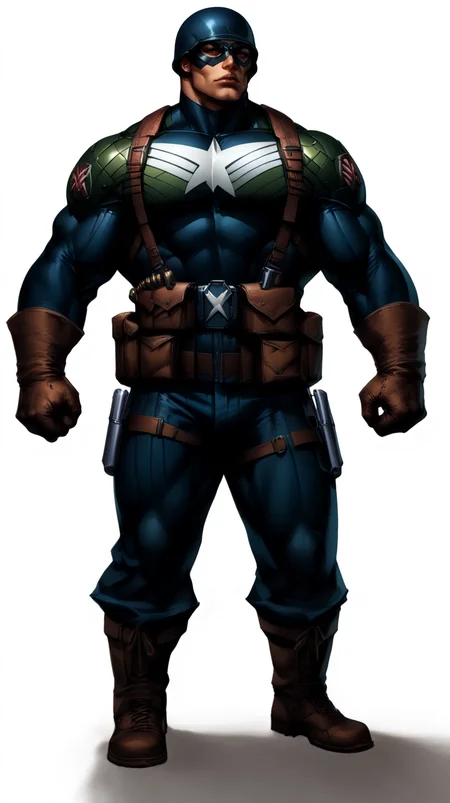 score_9, score_8_up, score_7_up, a man with a strong jaw in a tactical navy blue (muscled superhero costume with green armored highlights:1.2), (m1 helmet:1.4), (superhero domino mask:1.2), leather gloves, laced combat boots, bullet bandolier across his chest, gunslinger belt, huge biceps, (white background:1.2), character design, concept art, detailed face, high Detail, Sharp focus, dramatic, (full body shot:1.2), (solo:1.2), <lora:ArtgermLycoXL:0.5> <lora:c0rb3nXLP:0.5> c0rb3n <lora:detailed_hands:1> hands, <lora:ComicsPonyXL_V2:0.7> Comistyle <lora:WW2_Superhero_Costume:1>