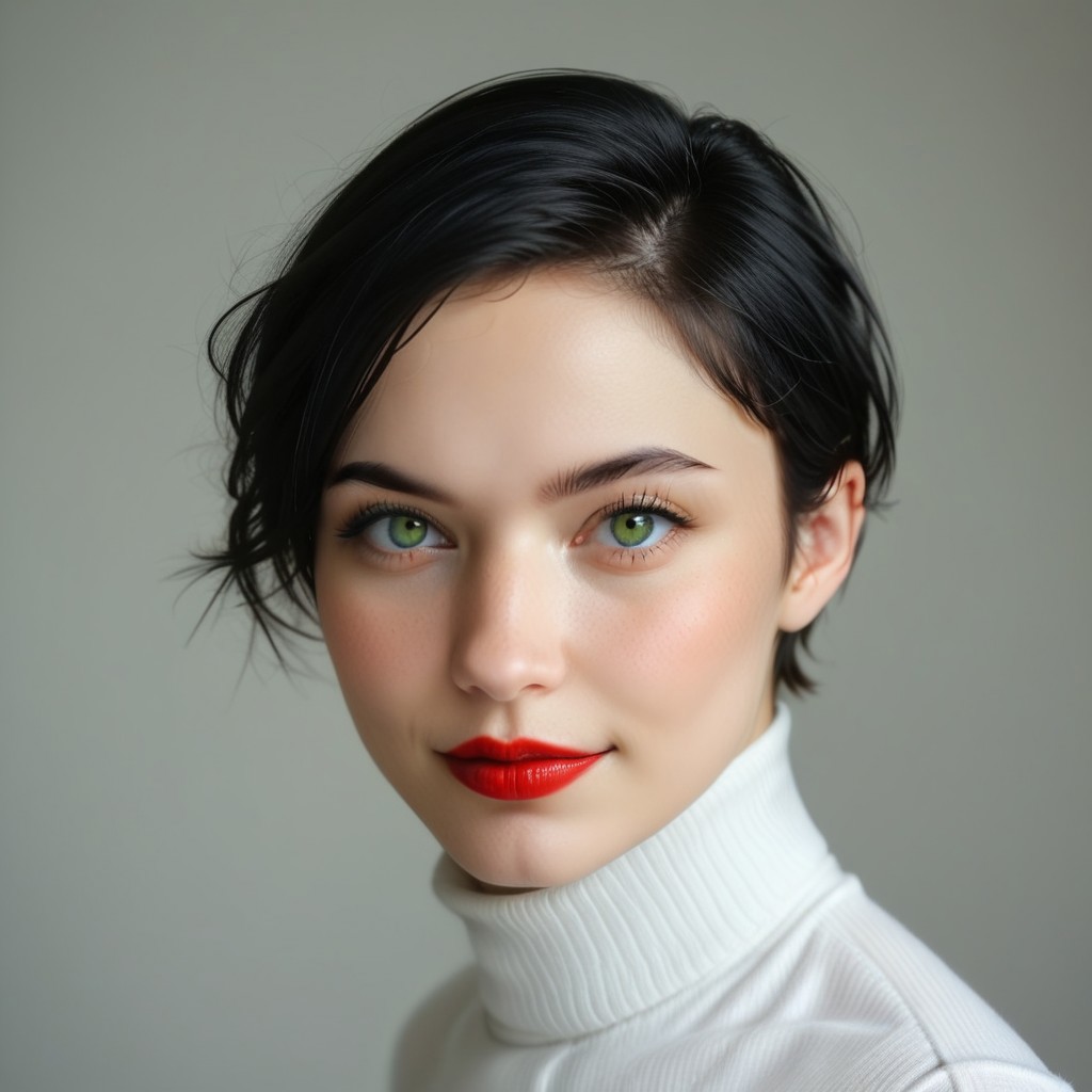 portrait, light makeup, neoteny, 18 years old, soft jaw, puffy mouth, large eyes, perfect yes, turtleneck white shirt, skinny , narrow face, european, face close up, 1girl, solo, black hair, bobcut, glossy red lipstick, lips, looking at viewer, realistic, grey background, smirking, simple background, face, green  eyes, upper body, eyelashes, close-up, nose, eyebrows, indoors, bright lighting, artistic shot, perfecteyes, blush embarassed, shy