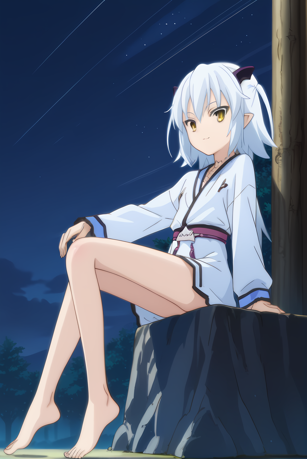 (casual clothes), mt-shiroyasha, white hair, yellow eyes, short horns, 1girl, solo, skinny, feet, (score_9, score_8, score_7), source_anime, lewd, (night sky), (1.3::full body|sitting|standing|lying|0.6::close-up| :1.20), <lora:mt-shiroyasha-V01-000003:0.90>