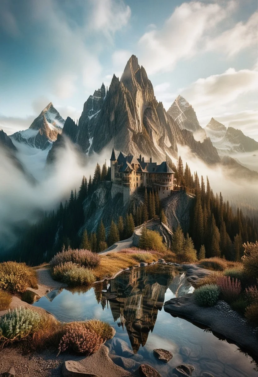 their peaks veiled in mist. mixed media, surrealism, great lighting, A surreal landscape highly detailed . extremely high-resolution details, appears trapped in an optical illusion of reflections and refractions colorful , professional photography, natural lighting, GhostlyStyle, volumetric lighting maximalist. intricately detailed, complex, elegant, expansive, fantastical, film photography style, medium grain, lthndrtrl