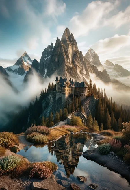 their peaks veiled in mist. mixed media, surrealism, great lighting, A surreal landscape highly detailed . extremely high-resolution details,  appears trapped in an optical illusion of reflections and refractions colorful , professional photography, natural lighting, GhostlyStyle, volumetric lighting maximalist. intricately detailed, complex, elegant, expansive, fantastical, film photography style,  medium grain, lthndrtrl