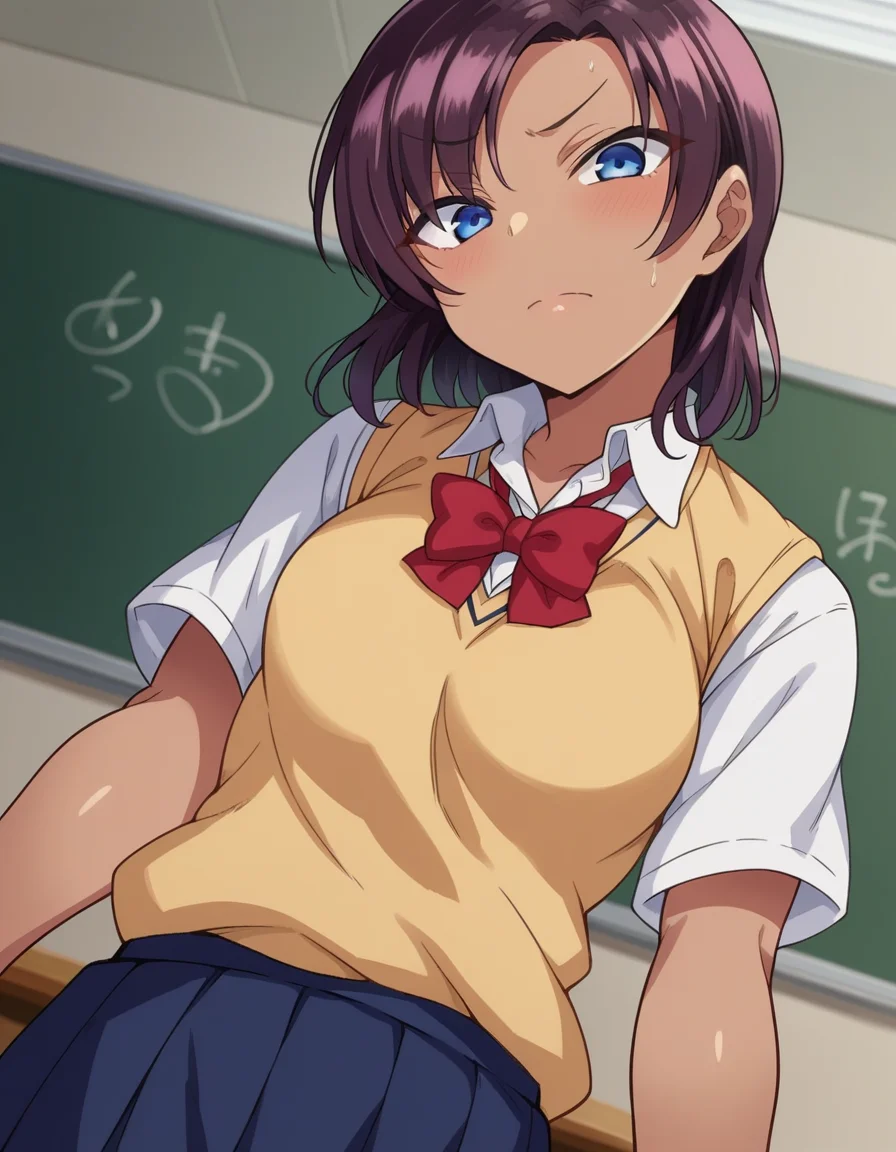 score_9, score_8_up, score_7_up, source_anime,
saehinata, <lora:sae-hinata-ponyxl-lora-nochekaiser:1>
sae hinata, blue eyes, purple hair, dark skin, dark-skinned female,
shirt, bow, school uniform, white shirt, collared shirt, bowtie, red bow, sweater vest, brown sweater, skirt, blue skirt,
indoors, classroom,
looking at viewer, dutch angle, cowboy shot,