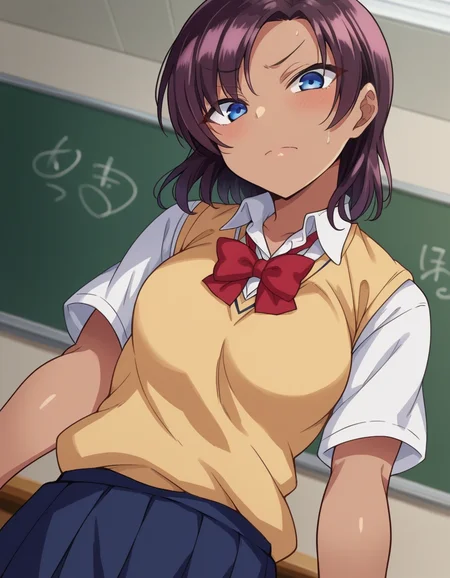score_9, score_8_up, score_7_up, source_anime,
saehinata, <lora:sae-hinata-ponyxl-lora-nochekaiser:1>
sae hinata, blue eyes, purple hair, dark skin, dark-skinned female,
shirt, bow, school uniform, white shirt, collared shirt, bowtie, red bow, sweater vest, brown sweater, skirt, blue skirt,
indoors, classroom,
looking at viewer, dutch angle, cowboy shot,