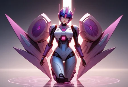 source_cartoon, masterpiece, best quality, highest quality, high res, extremely detailed, extremely delicate and beautiful, 4k, crisp image, clear, detailed, score_8_up, volumetric lighting, vibrant colors, full body, female robot, Decepticon, style_transformers, large chest