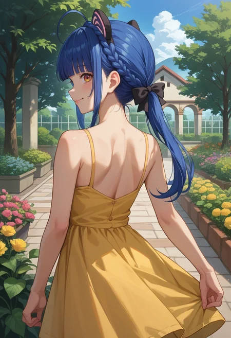 score_9, score_8_up, source_anime, 1girl, solo, TetsukawaToa, heterochromia, blue hair, long hair, blunt bangs, ponytail, braid, ahoge, fake animal ears, hair ornament, hair bow, black bow, from behind, yellow sundress, garden, day, sunshine, smile, looking back, <lora:ChamTetsukawaToaPonyXL:1>