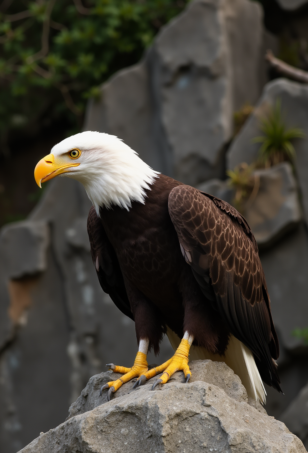 S4DC1NE. This photograph captures a majestic bald eagle perched on a rock. The eagle, positioned centrally in the image, is facing slightly to the left. It has a striking white head and tail with dark brown feathers covering its body and wings. Its sharp, yellow beak is hooked and its piercing yellow eyes are focused intently. The eagle's talons are powerful and gripping the rock firmly, with the claws clearly visible and textured. The background is blurred, consisting of muted, suggesting an outdoor setting with natural elements. There are hints of foliage and possibly a tree trunk in the background, adding to the rugged, natural environment.  