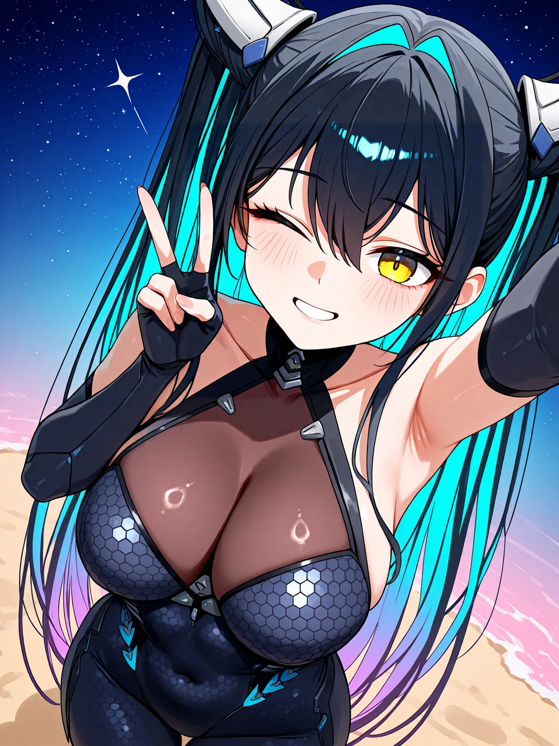 1girl, solo, sirenlittlemermaidnikke, very long hair, hair intakes, twintails, hair between eyes, multicolored hair, colored inner hair, two-tone hair, black hair, aqua hair, yellow eyes, large breasts, BREAK,
black bodysuit, backless bodysuit, halterneck, covered navel, bare shoulders, gloves, hexagon print, honeycomb \(pattern\), honeycomb print, <lora:Little_Mermaid_Siren:1>, BREAK,
one eye closed, looking at viewer, smile, selfie, v, peace sign, reaching towards viewer, hand out of frame, from above, dutch angle, BREAK,
grass, sand, starry sky background, gradient background, pink background, blue background