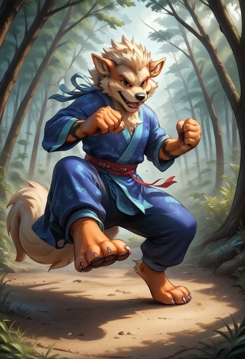 (((Barefoot furry character, full body, cinematic setting, furry male, plantigrade)))
(((Arcanine))), ((blue kimono and pants, training kung-fu on training ground in the forest, fighting stance, dynamic pose, perform side kick)), (((nice feet paws, three toes, claws, pawpad)))
BREAK, intricate details, highly detailed, extreme detail, octane render, fine art, best quality, highres, (detailed face:1.5), ((full_body)), UHD, (((perfect hands))), low light