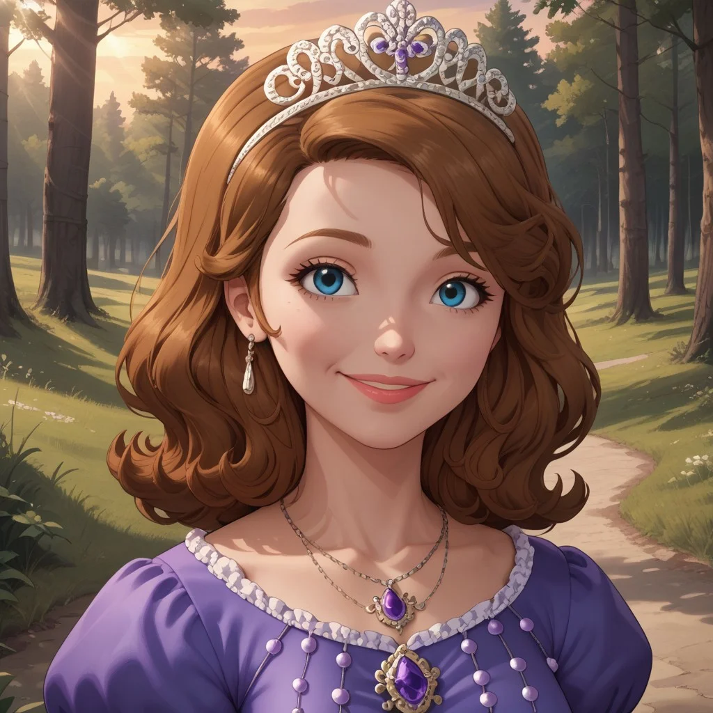 score_9, score_8, BREAK, solo, Sofia_The_First, 1girl, brown hair, blue eyes, purple dress, long dress, tiara, necklace, sandals, tall, adult female, mature female, big breasts, self portrait, smile, looking at viewer, outdoors, sunlight, shadows, evening lighting, natural lighting, forest, trees, grass, orange sky, sunset