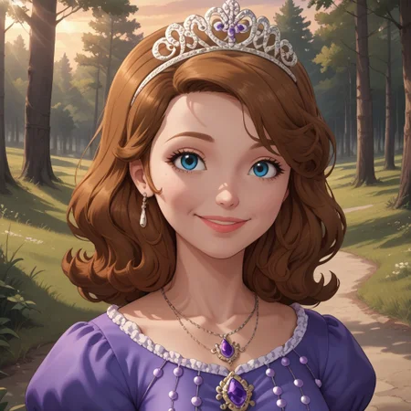 score_9, score_8, BREAK, solo, Sofia_The_First, 1girl, brown hair, blue eyes, purple dress, long dress, tiara, necklace, sandals, tall, adult female, mature female, big breasts, self portrait, smile, looking at viewer, outdoors, sunlight, shadows, evening lighting, natural lighting, forest, trees, grass, orange sky, sunset