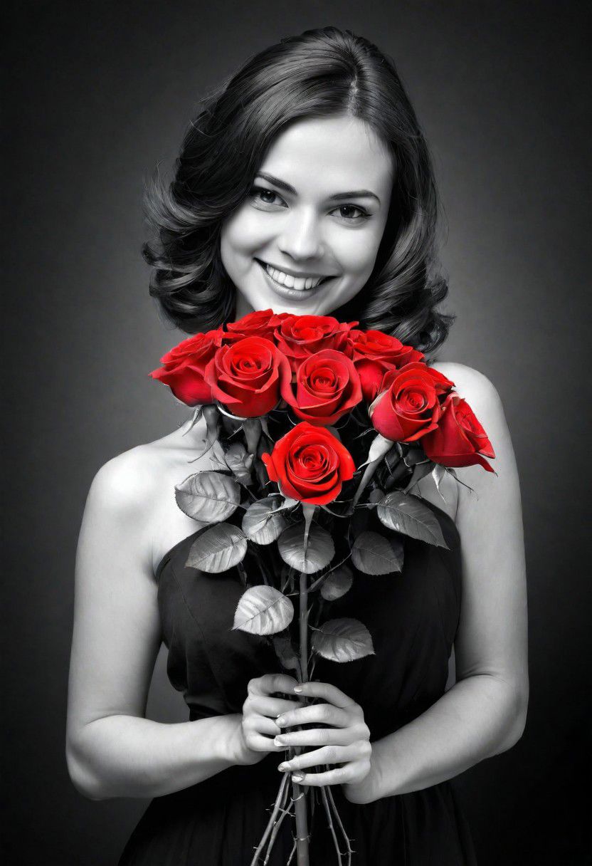 woman smiling, holding a bouque of roses, (Black and white image, Red Accent)