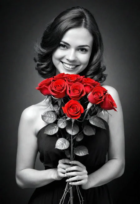 woman smiling, holding a bouque of roses, (Black and white image, Red Accent)