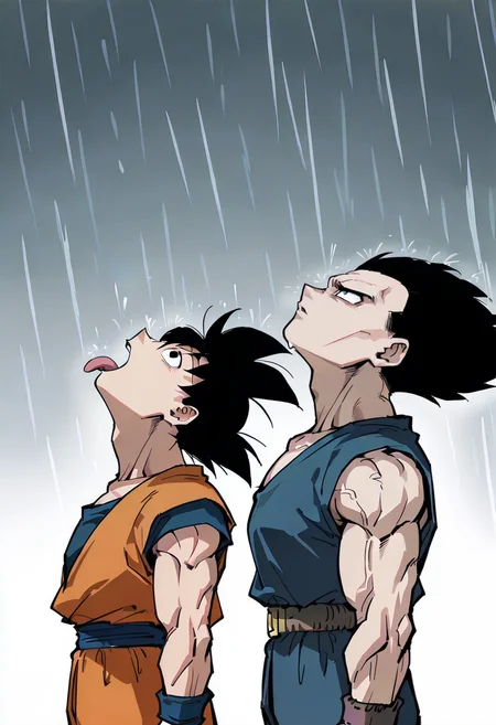 goku_and_vegeta_in_the_rain_(meme), tongue out, rain, open mouth,looking up,son goku,vegeta,