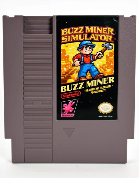 Nintendo NES cartridge, with a label featuring a vector logo with the golden words BUZZ MINER SIMULATOR. A 8-bit pixelated gold miner with a pickaxe surrounded by sparkling gold. Red text below says TREASURE OF PLEASURE - FOOLS ONLY!, The "NINTENDO" logo at the bottom of the label.
