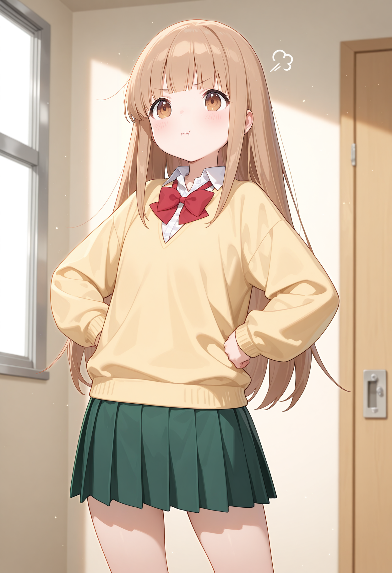 best quality, masterpiece, 1girl, aamiyano, long hair, brown hair, blunt bangs, brown eyes, school uniform, red bowtie, collared shirt, white shirt, yellow sweater, long sleeves, pleated skirt, green skirt, <lora:miyano_(tanakeda)_ilxl_v1:0.9>, standing, cowboy shot, room, pout, hands on own hips,