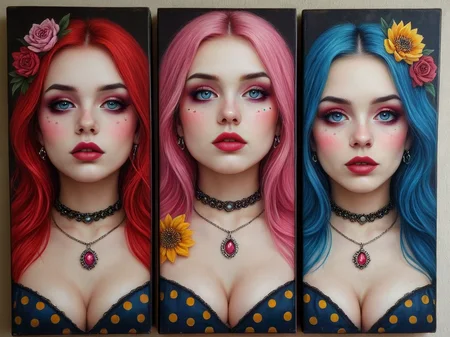 Triptych art. 

Freaky, piercings, tattoos. Gothic. Pink, blue, red, yellow. Polka-dots.

<lora:TriptychArt01_CE_XL_300-OT:0.6> trptchCE_style