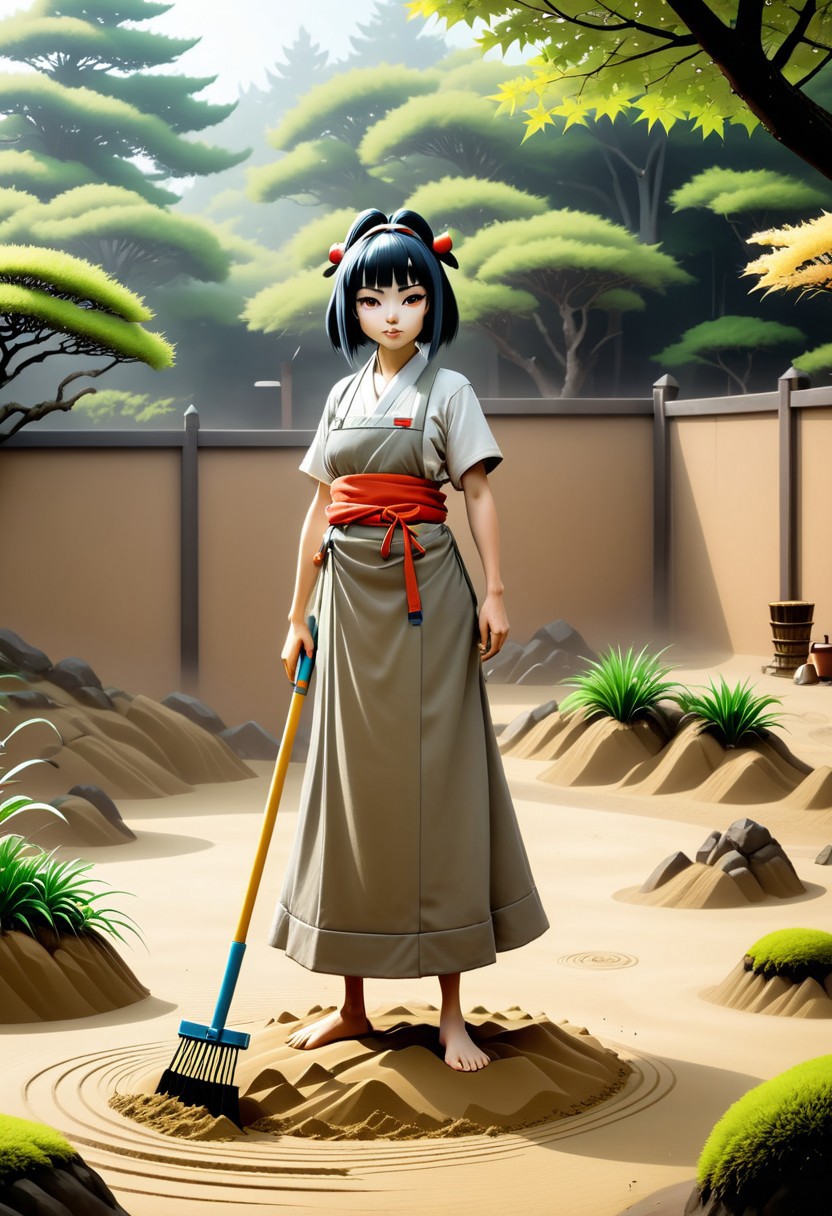 <lora:Everly_Heights_Backgrounds_New_Settings:.5> A serene misty Zen garden in medieval Japan with perfectly raked sand.feminine Yōsei gremlin holds a big rake that is bigger then her, the rake is painted with intricate details decorated, the gremlin is dressed in an apron, also wears multiple pouches with other sand sculpting implements and gardening tools sticking out of them