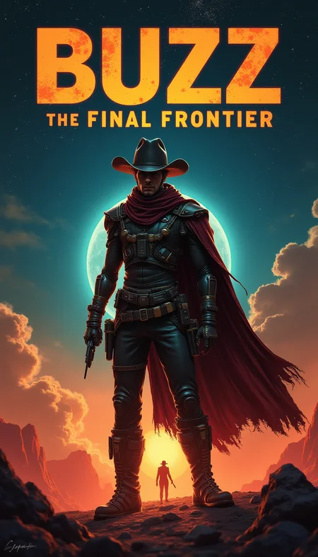 Sci-fi Western poster with the title saying "BUZZ: The Final Frontier",Futuristic space cowboy with lots of detail, dramatic lighting, realism